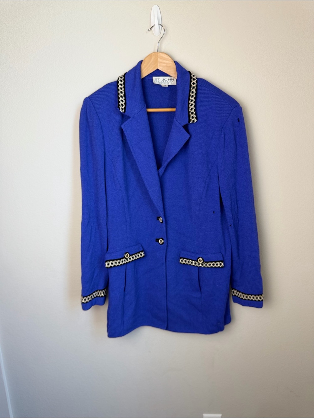 St. John Cobalt Blue Knit Blazer with Black & Cream Trim